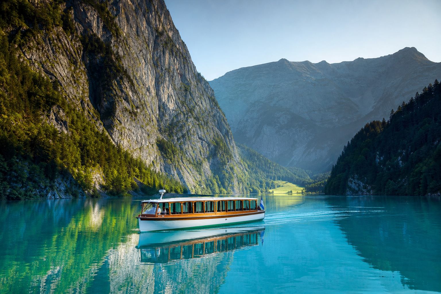 Königssee in Berchtesgaden mit türkisfarbenem Wasser und steilen Bergwänden