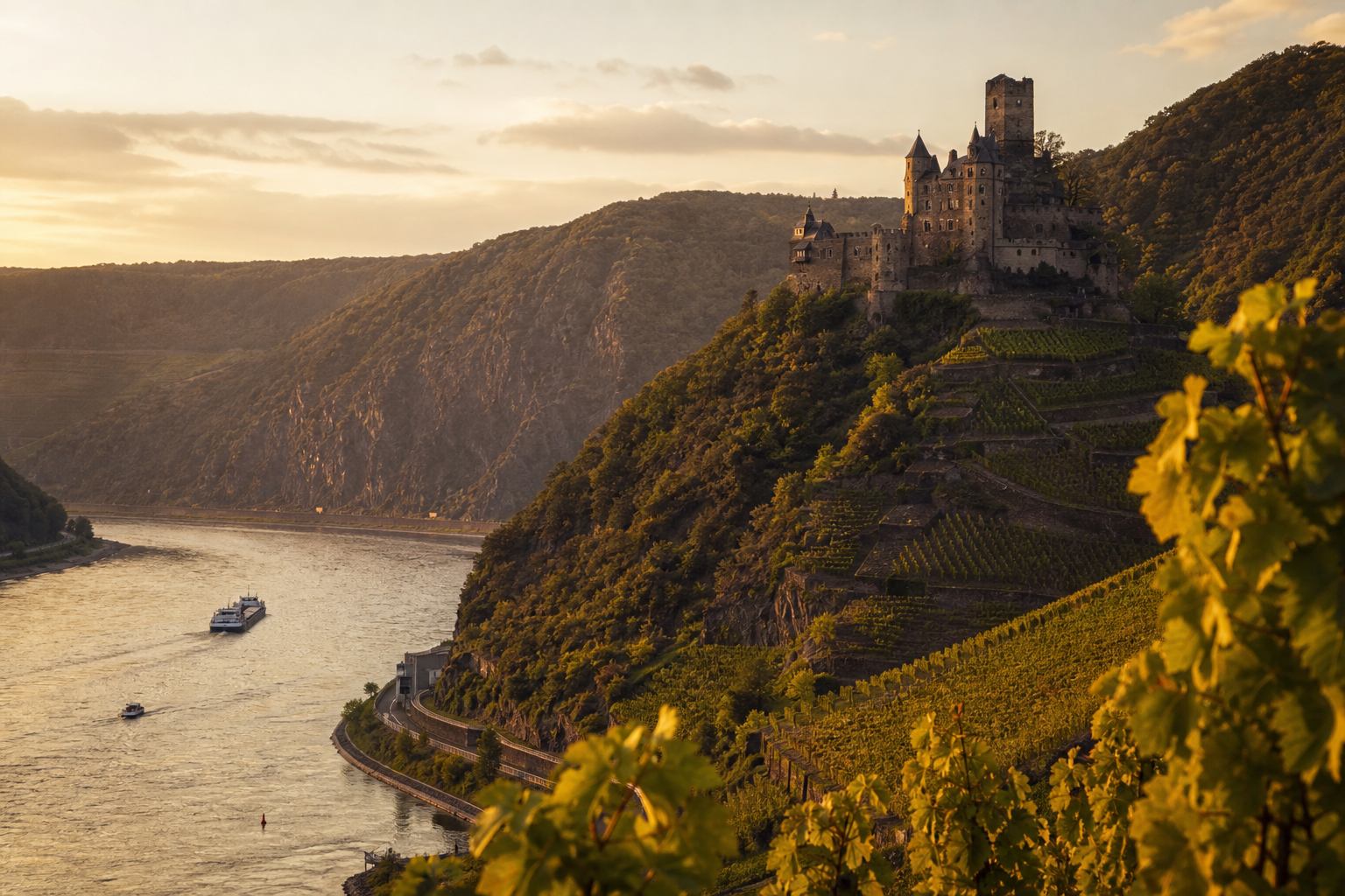 Romantischer Rhein mit Burgen und Weinbergen bei Bacharach