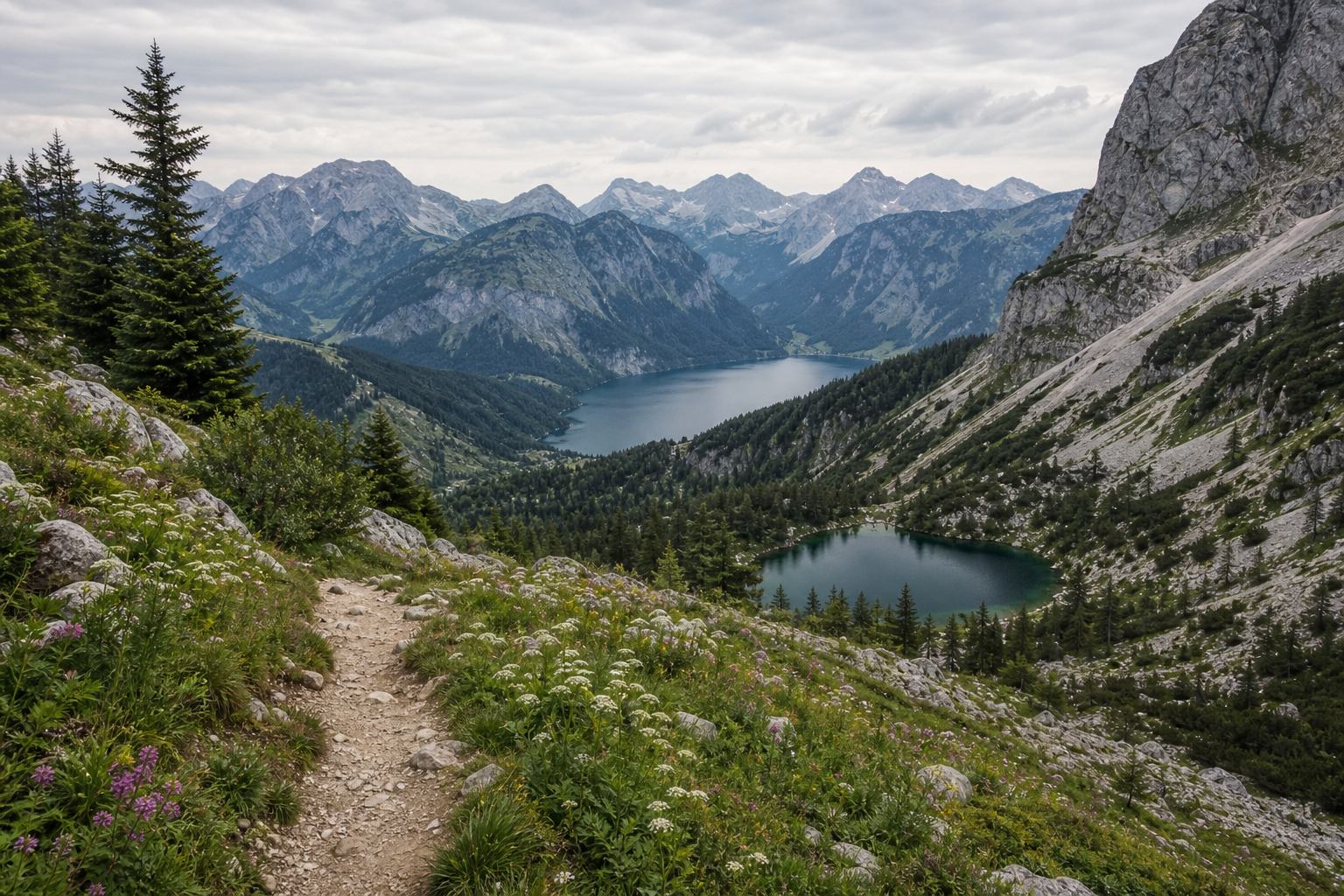 Wanderweg in den bayerischen Alpen mit Panoramablick auf Bergseen und Gipfel
